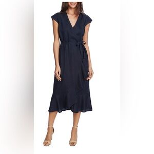VINCE CAMUTO Navy Blue Linen Ruffled Faux-Wrap Dress